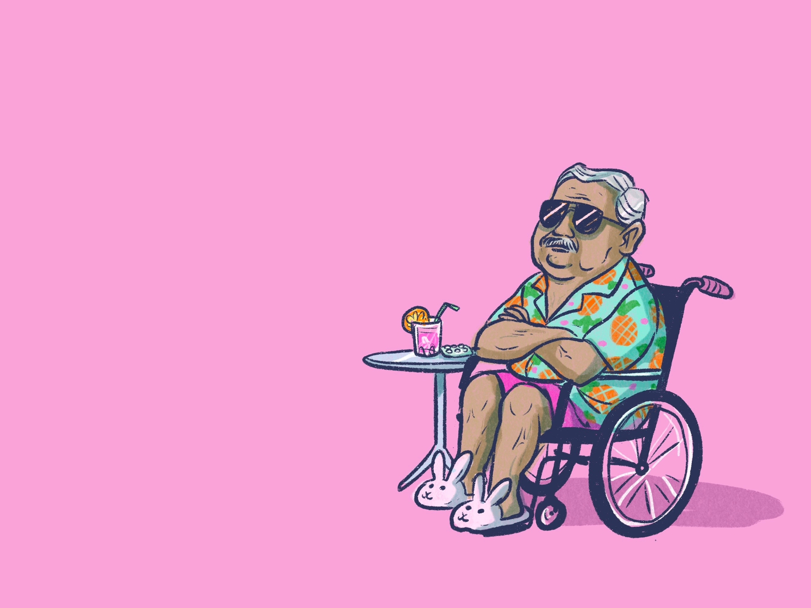 Ilustración de hombre en silla de ruedas con lentes