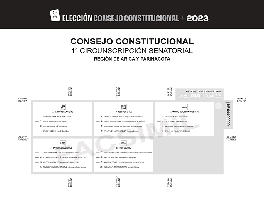 Papeleta Arica y Parinacota de candidatos al Consejo Constitucional